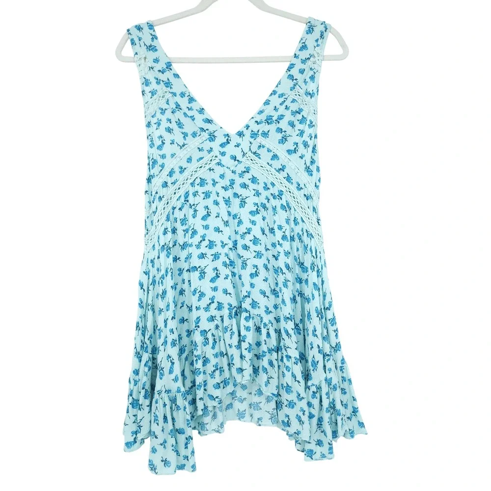 Free People Intimately Mini Dress Womens XS Blue Teal Floral Crochet Lace Soft